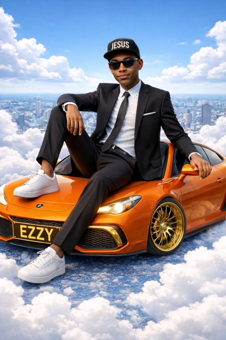The image features a man wearing sunglasses, sitting inside an orange sports car with gold wheels. He has his legs crossed while seated in the driver's seat of the vehicle. The background includes clouds and buildings, suggesting that they are driving through a city or town. The caption on the image reads "GM CT It' s a new day Happy Midweek guys $River".
