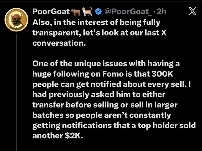A tweet from verified user PoorGoat (@PoorGoat_) discussing concerns about frequent selling notifications on the Fomo platform, noting that 300K followers get notified about every sell and that he had previously asked the holder to either transfer holdings or sell in larger batches to avoid constant $2K sell notifications. The tweet relates to the accompanying post criticizing PoorGoat for "sell-shaming" his biggest $CATE holder over small $2K sales while ironically being one of the most notified sellers on FOMO with 500K+ notifications.