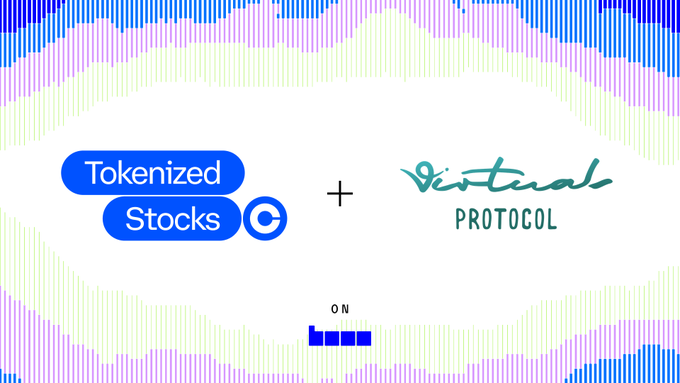 The image displays a partnership announcement featuring the "Tokenized Stocks" logo alongside "Virtuals PROTOCOL," connected by a plus sign, with "ON" and a blue bar chart graphic at the bottom—visually representing the integration of Coinbase's tokenized equities (available on the Base network) with the Virtuals ecosystem to expand agents' access to real-world stock markets.