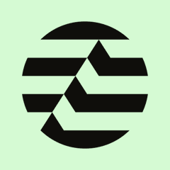 A black geometric logo featuring stacked horizontal bars and triangular shapes within a circular outline on a light green background.