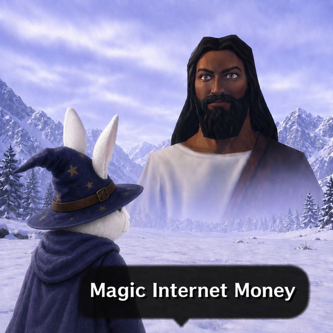 The image features a cartoon depiction of Jesus Christ, wearing a white robe and hat, standing next to a bunny with a pointed hat. The bunny has a banner that says "Magic Internet Money" written below them. In the background, there are mountains covered in snow, creating a wintery atmosphere. The caption above the image reads "Born too late to experience early Bitcoin But born at just the right time to experience Magic Internet Money".