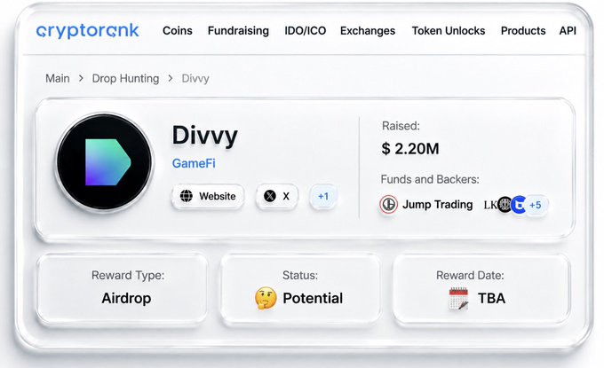 The image shows a CryptoRank page for "Divvy" (a GameFi project), highlighting $2.20M raised with backers including Jump Trading and LK, a Potential status, and an Airdrop reward type. This relates to the post about Divvy offering early users a chance to earn 300 $DVY tokens, as the page confirms Divvy's legitimacy through its funding details while noting the airdrop date is "TBA."