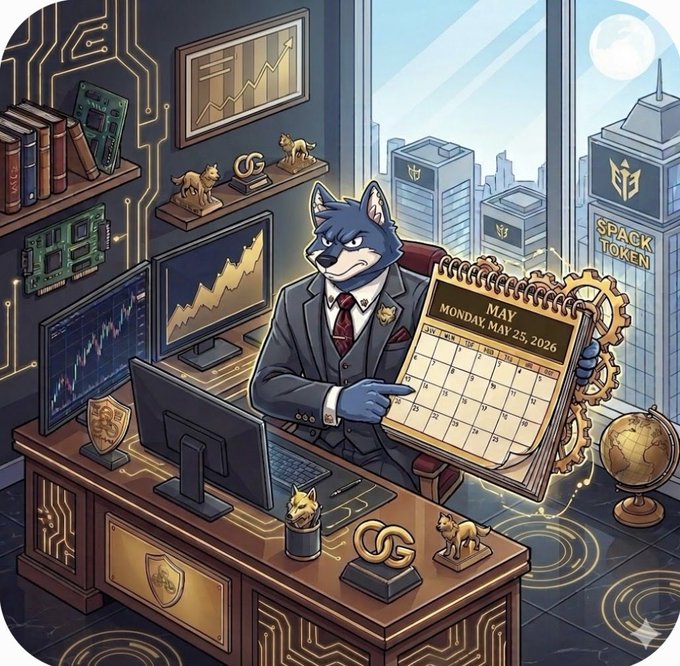 A blue wolf-like creature, dressed in a suit and holding a calendar, stands at a desk with a computer monitor, keyboard, mouse, and gold trophy on display.