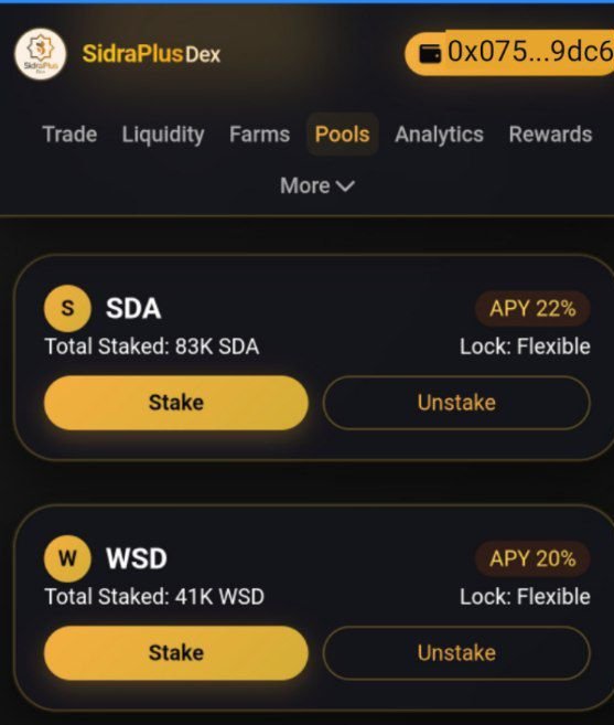 A screenshot of the 'SidraPlusDex' interface showing the 'Pools' tab with staking options for SDA (APY 22%) and WSD (APY 20%).
