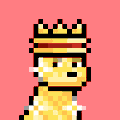 A small pixel art illustration of a character with a crown wearing a yellow dress against a pink background.