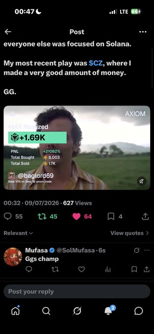 X (Twitter) post from @baglord69 boasting about crypto gains: 'My most recent play was $CZ, where I made a very good amount of money. GG,' showing MAX Realized +1.69K and PNL +21082% with a reply from @SoIMufasa reading 'Ggs champ.'