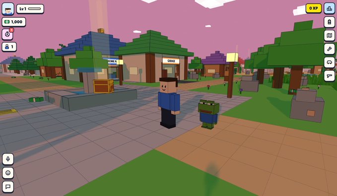 A screenshot of a voxel-style building game showing a character standing in a town with buildings like 'DERRICK S' and 'GARAGE'.