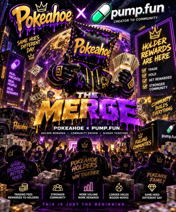 A vibrant promotional poster announces 'THE MERGE' between Pokeahoe and Pump.fun, highlighting holder rewards and community features with the tagline 'THIS IS JUST THE BEGINNING...'.
