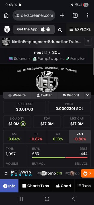 A mobile screenshot of the dexscreener.com website showing the 'NotInEmploymentEducationTrain... (NEET)' token on the Solana network, with a price of $0.01703 and an FDV of $17.0M.