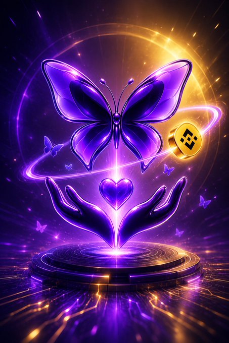 A digital artwork featuring glowing purple butterfly wings above two cupped hands holding a heart, with a gold Binance (BNB) coin floating nearby against a cosmic background.