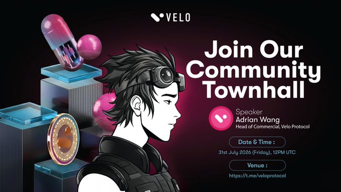 The image is a promotional graphic for Velo's Community Townhall featuring an anime-style character with goggles, set against a dark background with 3D pill capsules and coin graphics. The text announces the event with speaker Adrian Wang, Head of Commercial at Velo Protocol, scheduled for 31st July 2026 at 12PM UTC, linking to t.me/veloprotocol. The graphic visually reinforces the post's invitation to discuss the Binance.US listing, upcoming Debit Card, Off-Ramp status, and Orbit Plus updates.