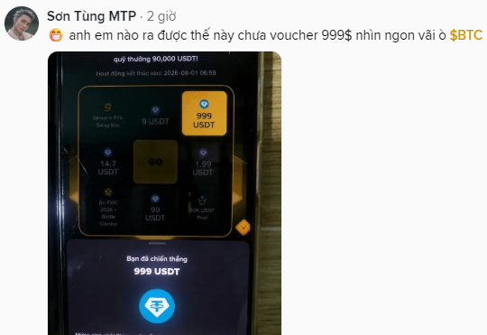 A social media post from 'Sơn Tùng MTP' shows a phone screen displaying a $999 USDT reward offer and mentions BTC.