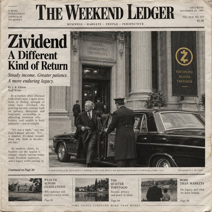 The front page of 'The Weekend Ledger' newspaper (Vol. XLII, No. 317, November 22, 1977) featuring a story titled 'Zividend: A Different Kind of Return' about Zurich-based investing, with a black-and-white photo of men exiting a car in front of a building marked 'CAPITAL CHARACTER CONTINUITY'.