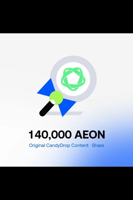 The image showcases a promotional graphic for the AEON CandyDrop campaign on Gate, featuring a magnifying glass over a green candy graphic with the text "140,000 AEON" and "Original CandyDrop Content · Share," highlighting a reward of 140,000 AEON tokens as part of the platform's daily activity-based earning opportunity.