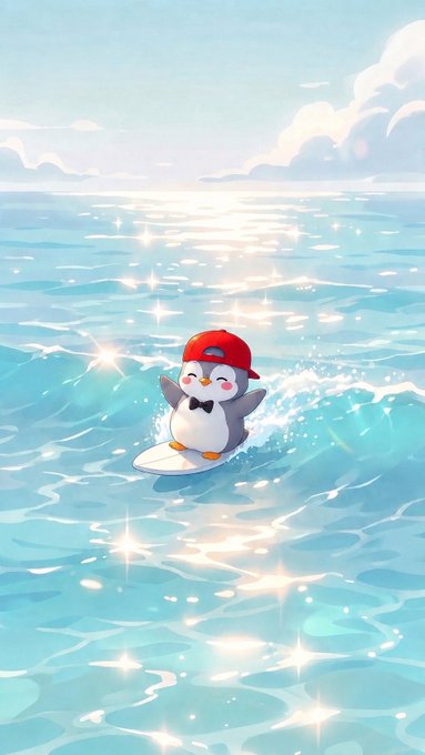 A cartoon penguin wearing a red cap and bowtie surfs joyfully across sparkling turquoise waters under a sunny sky, perfectly capturing a cheerful "Pengu morning!" vibe.