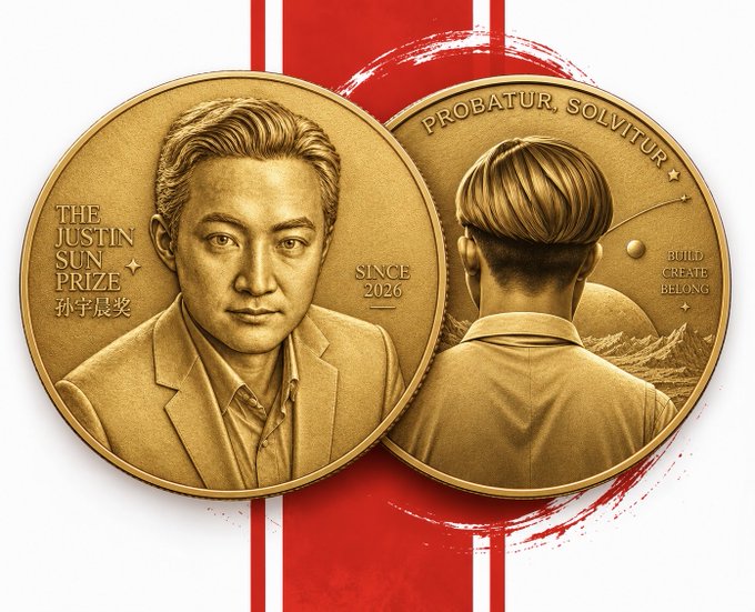 Two gold commemorative coins featuring a portrait of a man on the front with the text 'THE JUSTIN SUN PRIZE' and 'SINCE 2026,' and the reverse shows the back of a man's head with 'PROB ATUR, SOLVITUR' and 'BUILD CREATE BELONG' against a red and white background.