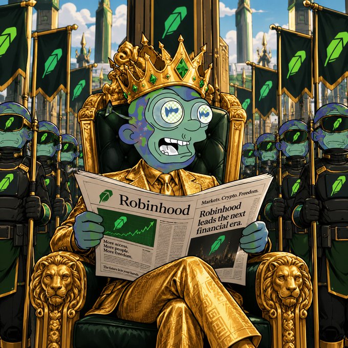 An illustrated, cartoon-style king with a green face sits on a golden throne reading a newspaper headlined 'Robinhood' with subtext 'Robinhood leads the next financial era,' flanked by armored guards holding green quill banners in a futuristic cityscape.