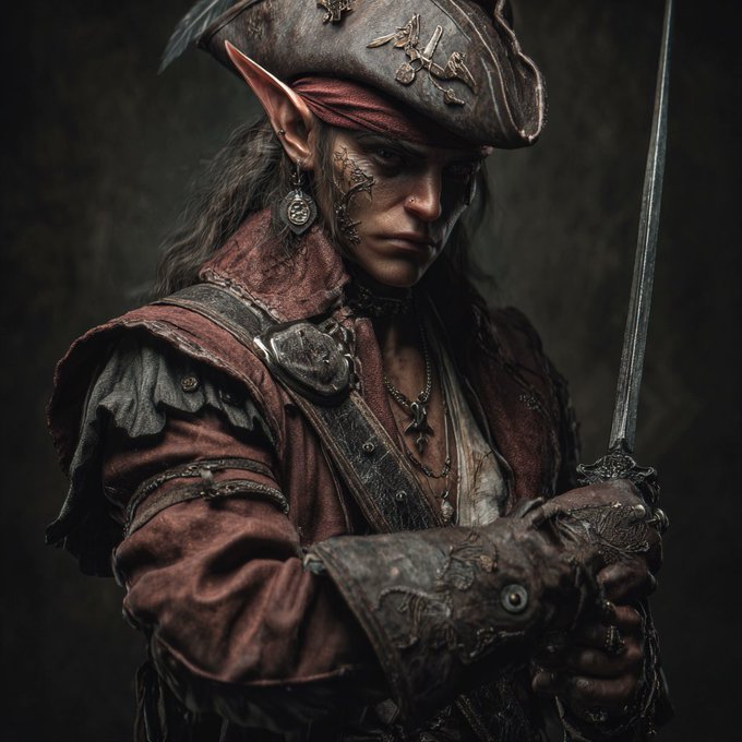 A fantasy character with pointed elf ears wears an ornate leather tricorn hat and a weathered red pirate-style coat while gripping a sword.