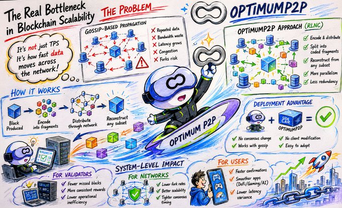 An illustrated infographic titled 'The Real Bottleneck in Blockchain Scalability' compares 'GOSSIP-BASED PROPAGATION' (the problem) with the 'OPTIMUMP2P APPROACH' using cartoon mascots and diagrams.