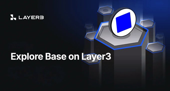 The image features a poster for Layer3 that promotes exploring their base layer. The poster includes a blue hexagon with a white circle inside, which serves as a logo for Layer3. The text "layer3 Explore Base on Layer 3" is displayed at the top of the poster in white letters. The background of the poster is black and features multiple gray hexagons arranged in a grid-like pattern.