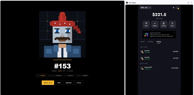 A pixel art NFT of a character labeled '#153' with a red hat and mustache, displayed alongside a sidebar wallet showing a balance of '$221.5' and transaction history for 'BAYC' items.