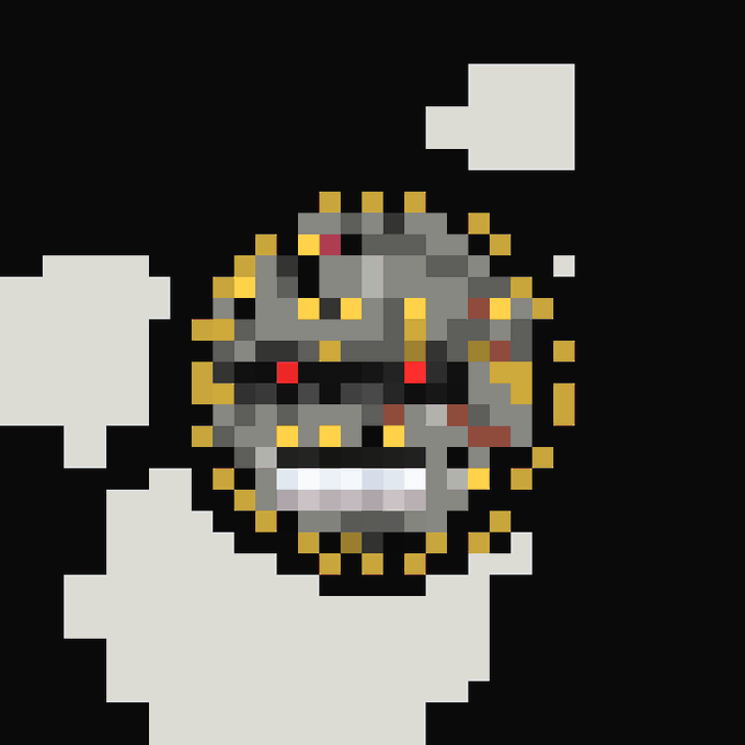 A pixel art image of a head made of grey material with yellow and red accents, set against a black and white background.