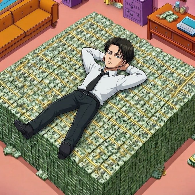 An anime-style illustration of a man in a white shirt and tie lying on a massive pile of dollar bills in what appears to be a bedroom setting.