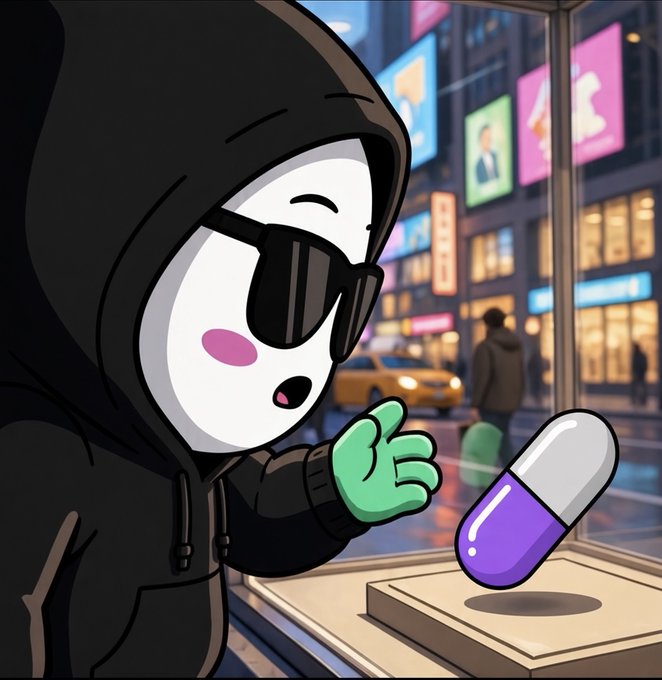A cartoon illustration of a hooded character wearing sunglasses with a white smiling face and pink cheeks, reaching a green-gloved hand toward a purple and white capsule pill floating above a pedestal in a neon-lit city street.