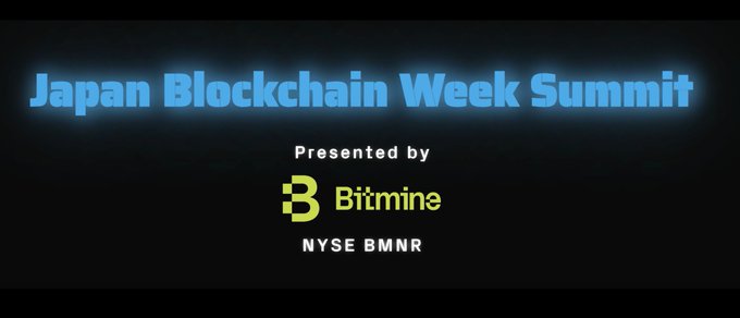 The image features a banner with blue text that reads "Japan Blockchain Week Summit presented by 3 Bitmine NSE BMNR". This suggests that an event related to cryptocurrency or blockchain technology has been organized, possibly for the week of Japan's Blockchain Week. The image also includes a small logo and some text about the post on social media platforms like Twitter and Instagram.