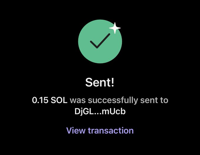 The image shows a black background with a green circle containing a white "SENT!" message at its center. Below this, there are two lines of text that read "0.15 sol was successfully sent to DIGL . . ." and "View transaction". The image also includes a small star located in the top right corner.