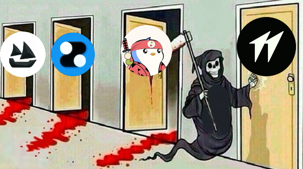 This edited meme depicts a Grim Reaper walking through a hallway of doors, where the doors are marked with logos for defunct PerpDex projects like Dango and Satori Finance, symbolizing their closure. The image serves as a visual metaphor for the "shutting down" of these specific decentralized finance platforms mentioned in the post.