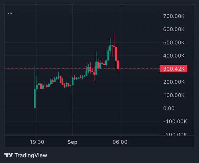 A TradingView candlestick chart showing price action between 19:30 and 06:00 in September, with the current price marked at 300.42K.