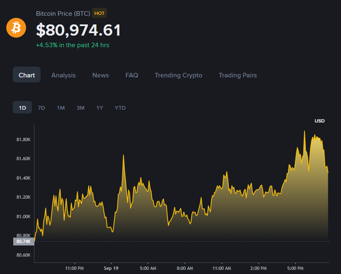 A financial chart displays the Bitcoin (BTC) price at $80,974.61, showing a 4.53% increase over the past 24 hours with a yellow line graph against a dark background.