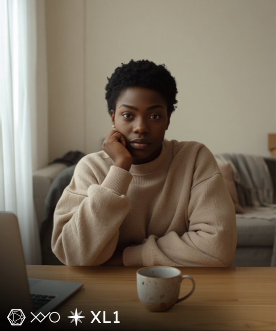 A woman with short curly hair rests her chin on her hand while sitting at a wooden desk with a laptop and coffee mug, looking at the camera.