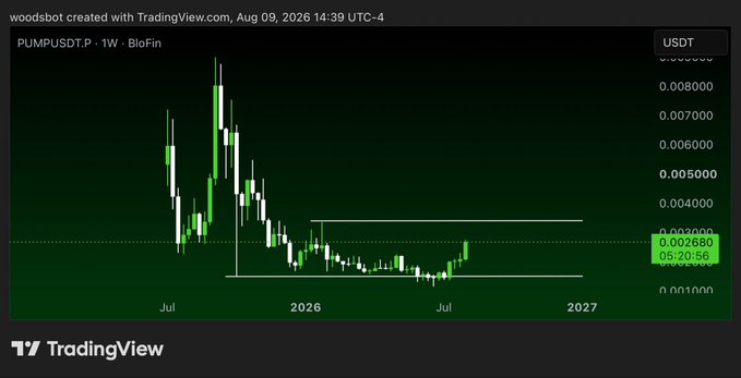 A TradingView weekly (1W) candlestick chart of PUMPUSDT on BloFin shows the token's price consolidating near $0.00268 within a horizontal range (~$0.0020–$0.0040) following its early 2025 launch surge, visually supporting the post's bullish claim that patient accumulators could see significant gains if price breaks out of this multi-month base.