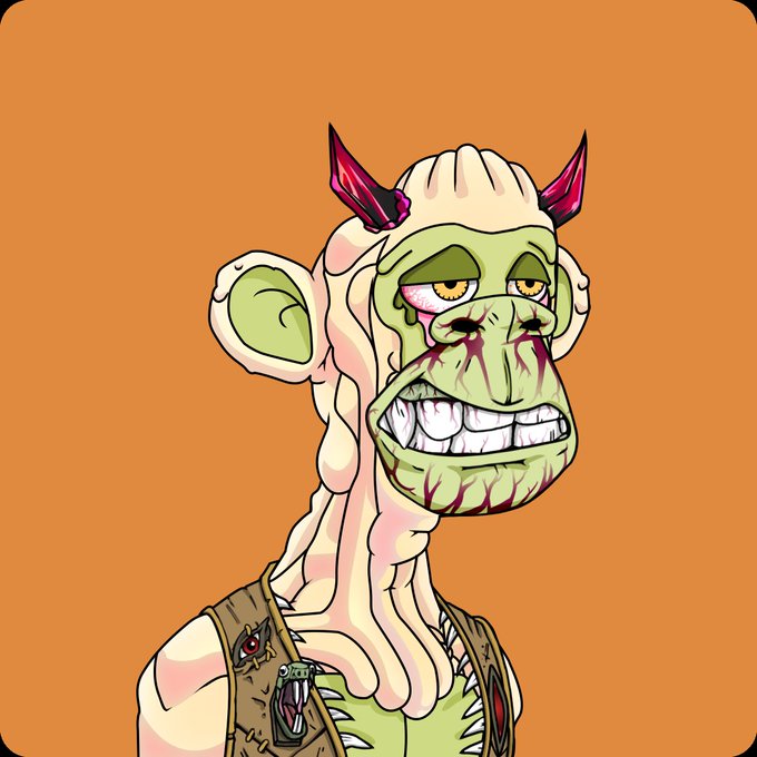A digital illustration of a grotesque, green-skinned character with horns, wide eyes, and a large toothy grin against a solid orange background.