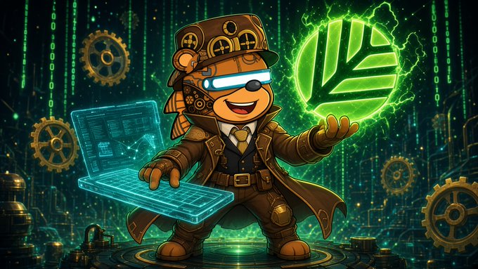 A steampunk-style cartoon character wearing goggles and a top hat stands at a glowing laptop while holding a bright green glowing leaf emblem, surrounded by gears and digital matrix-style code in the background.