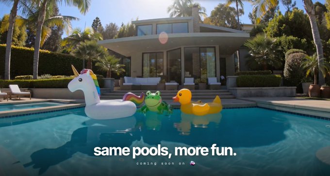 A luxury pool scene features a unicorn, frog, and rubber duck float alongside the text "same pools, more fun. coming soon on 🦄," with the accompanying post humorously connecting it to BankrBot migrating from Uniswap to SushiSwap, suggesting the pool imagery symbolizes a familiar pool experience with a new platform.