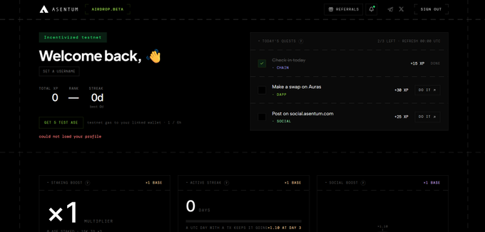 A screenshot of the ASENTUM AIRDROP BETA dashboard displaying 'Welcome back,' with 0 total quests completed and options to 'Check-in today', 'Make a swap on Auras', and 'Post on social.asentum.com'.