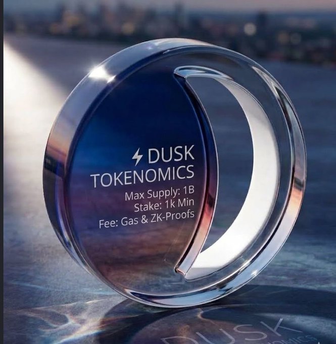 A 3D-rendered metallic coin displayed on a beach at dusk displays "DUSK TOKENOMICS" with stats including "Max Supply: 1B", "Stake: 1k Min", and "Fee: Gas & ZK-Proofs".