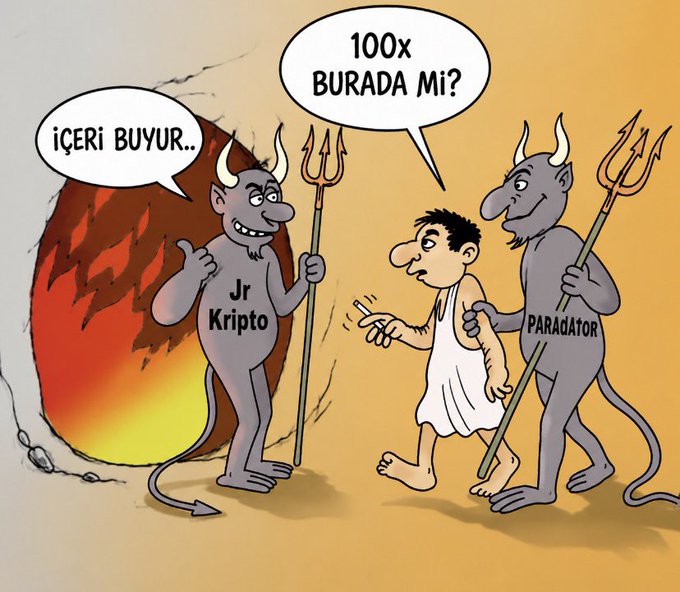 A cartoon depicting a man being led by two devil figures labeled 'Jr Kripto' and 'PARAGATOR' toward a fiery cave, with speech bubbles in Turkish reading 'İÇERİ BUYUR..' and '100x BURADA MI?'.