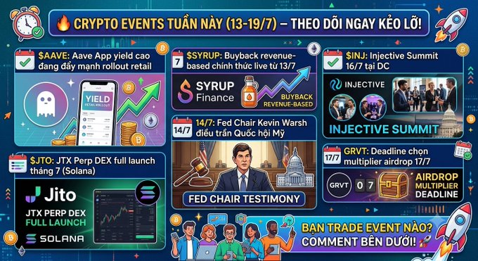 A colorful Vietnamese infographic titled 'CRYPTO EVENTS TUẦN NÀY (13-19/7)' listing crypto events for the week, including $AAVE, $SYRUP, $INJ (Injective Summit), $JTO (Jito), Fed Chair testimony, and GRVT airdrop deadline.