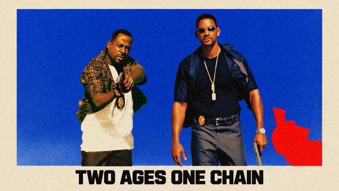 Promotional graphic featuring two actors dressed as cops against a blue background with red accents, captioned 'TWO AGES ONE CHAIN'.