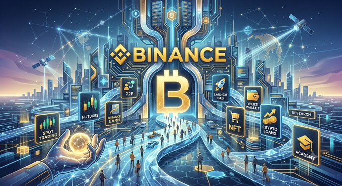 A colorful digital illustration for Binance showcasing its cryptocurrency ecosystem with features like 'SPOT TRADING', 'FUTURES', 'BINANCE EARN', 'P2P', 'LAUNCHPAD', 'WEBS3 WALLET', 'NFT', 'CRYPTO LOANS', 'RESEARCH', and 'ACADEMY' arranged around a central golden 'B' logo.