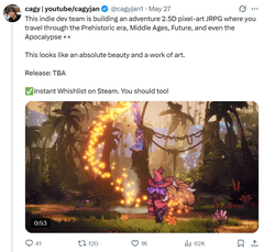 The image shows an Instagram post from a person named @cagyjan1 who has been discussing indie games recently. The post features an image related to the topic, likely showcasing or reviewing an indie game called Tobe.