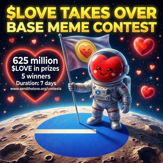 A promotional graphic for the "$LOVE Takes Over Base Meme Contest" featuring an adorable astronaut with a smiling red heart face planting a $LOVE-branded flag on a moon-like surface adorned with the Base logo, surrounded by floating hearts. The image advertises a 625 million $LOVE prize pool split among 5 winners over a 7-day contest, with entry details directing users to www.sendthelove.org/contests.