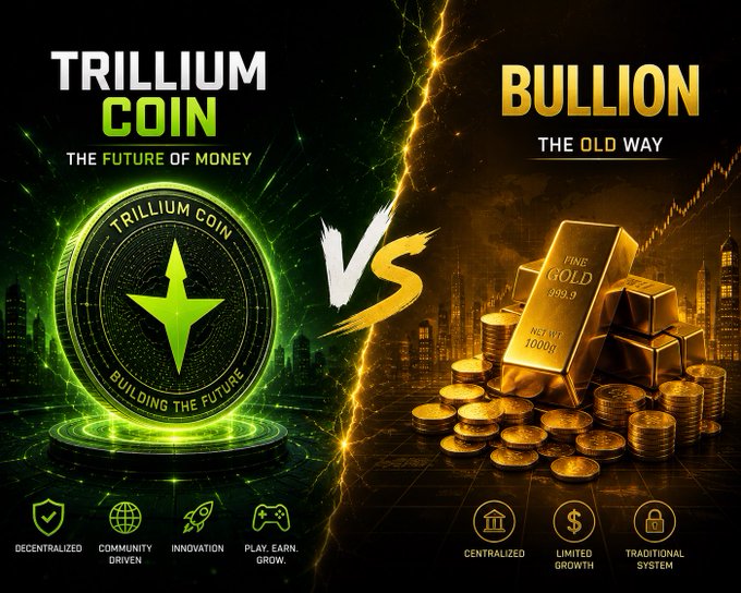 A promotional graphic contrasting 'TRILLIUM COIN - THE FUTURE OF MONEY' (decentralized, community driven, innovative) against 'BULLION - THE OLD WAY' (centralized, limited growth, traditional system), featuring green digital imagery vs. physical gold bars.
