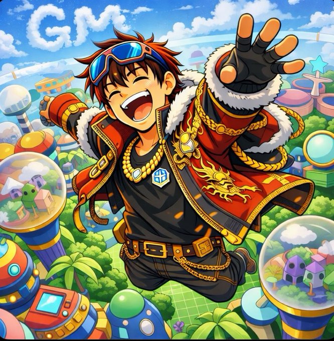 A cheerful anime-style character with red hair and goggles throws a peace sign amid a colorful futuristic landscape, with the letters "GM" displayed in the sky—perfectly matching the post's cheerful "Good morning GANG" greeting. The vibrant, lively scene captures the upbeat energy of the "GM" crypto community message asking for a morning shoutout.