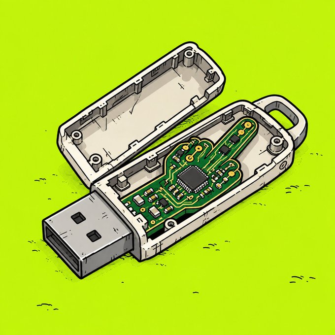 An illustrated open USB drive reveals an internal green circuit board with a central microchip and various components, humorously suggesting a disappointing or underwhelming teardown of an NFT-collectible USB drive purchased from @henlo_eth. The cartoon-style depiction with its sparse circuitry visually echoes the poster's skepticism about the value of what they bought.