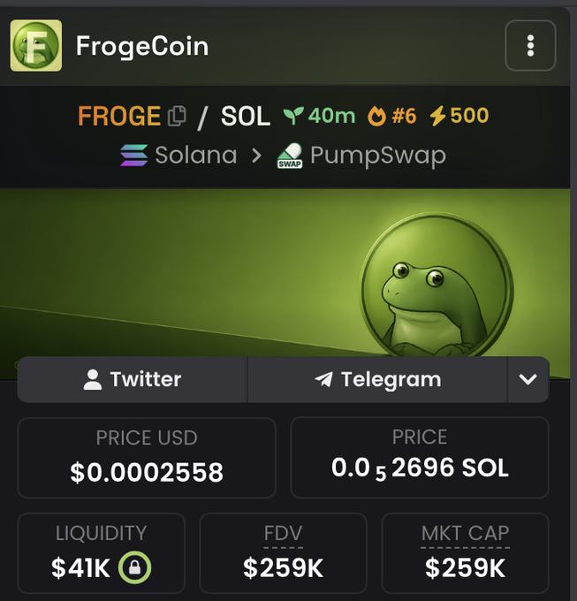 A screenshot of FrogeCoin ($FROGE) on PumpSwap shows a Solana-based meme token with a price of $0.0002558 (0.5₵2696 SOL), $41K liquidity, and a $259K market cap. The image supports the post's airdrop promotion by displaying the new token's launch details and live metrics.